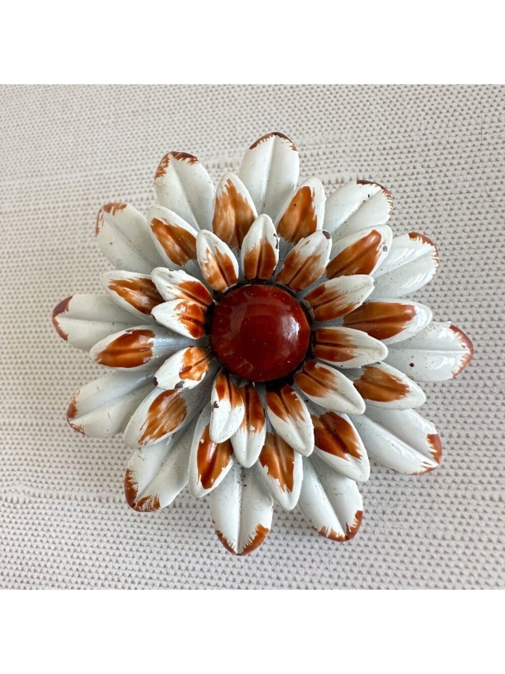 1960s White Rust Enamel Daisy Brooch, Two Layer Flower Pin, Oxblood Center Caboc